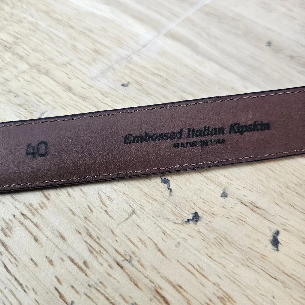 Paul Fredrick Embossed Italian Calfskin Leather Belt‎ Black Size 40 Gold 